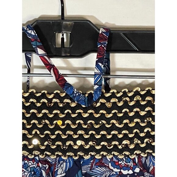 jumpsuit romper shorts tie around neck floral blue elastic waist & top M READ - Picture 2 of 9